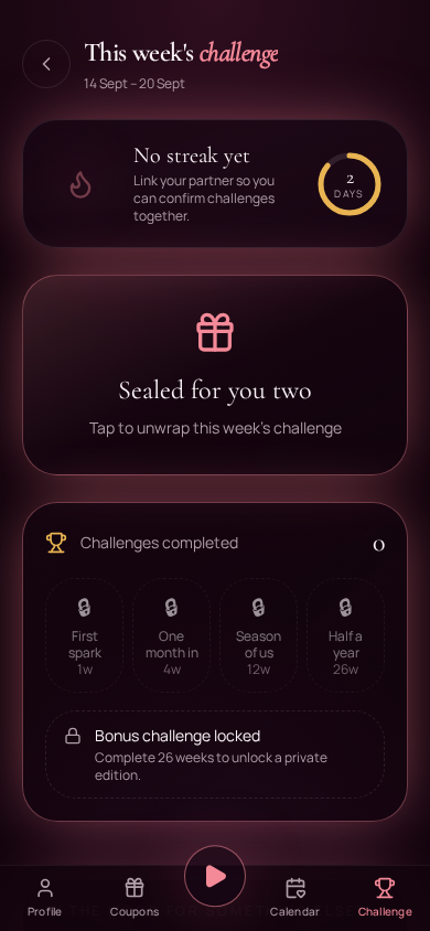 Touch & Tell weekly challenge page with sealed challenge and milestone badges