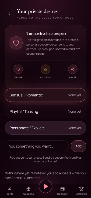 Touch & Tell private desires page with desire to coupon sharing flow
