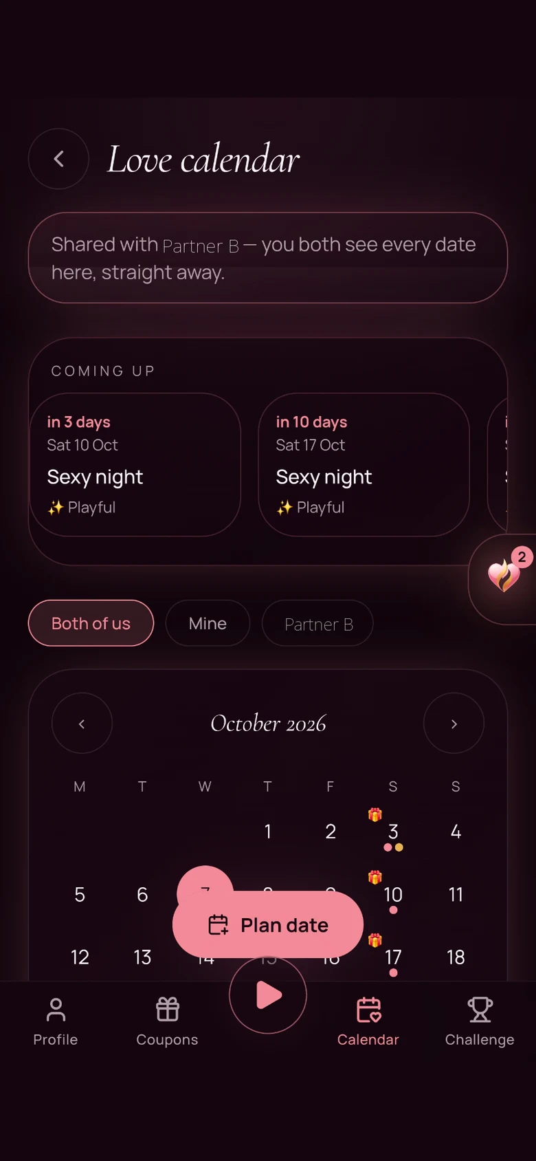 Touch & Tell shared love calendar with upcoming dates