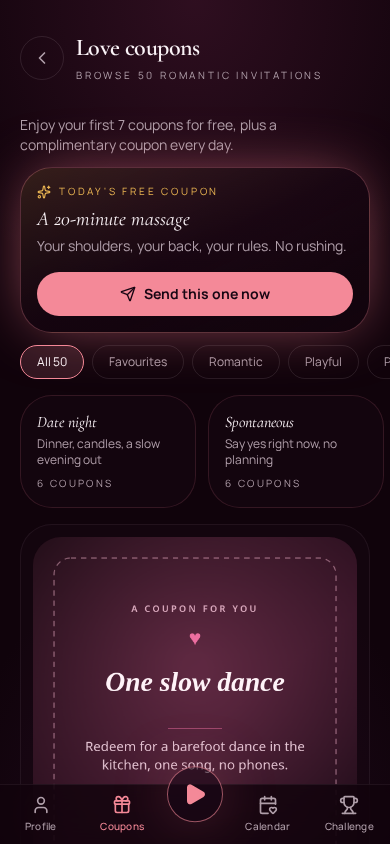 Touch & Tell Love Coupons page with packs and a featured coupon