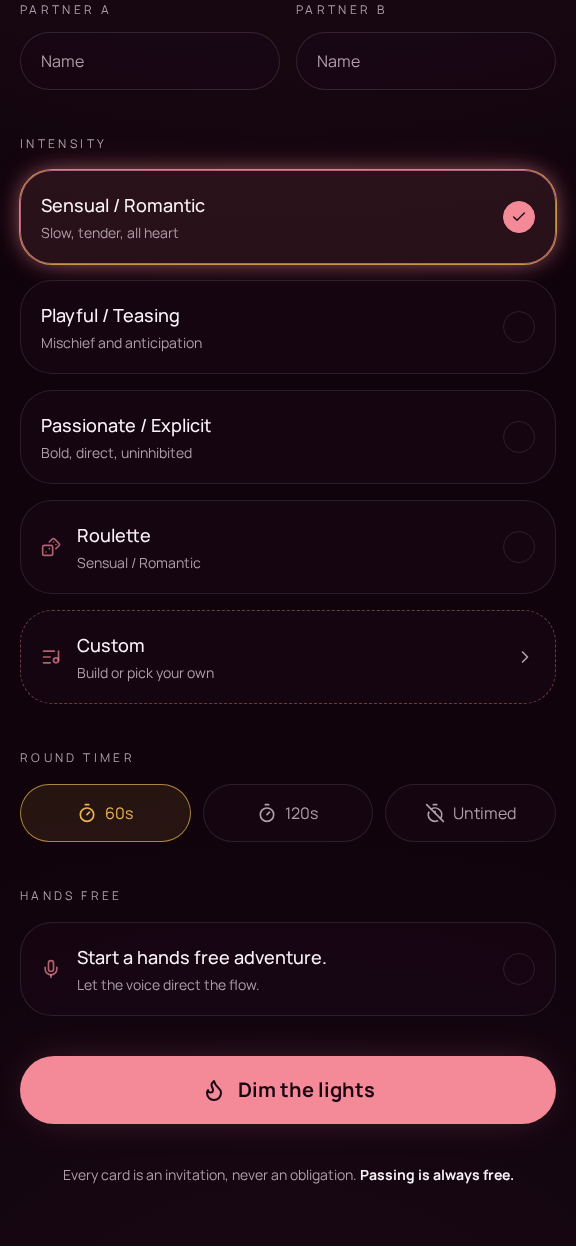 Current Touch and Tell play settings showing Roulette, Custom, timers and the hands-free adventure option